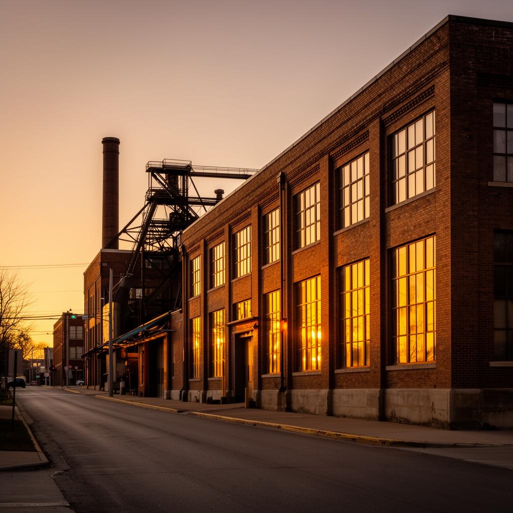 Factory building exterior at dawn