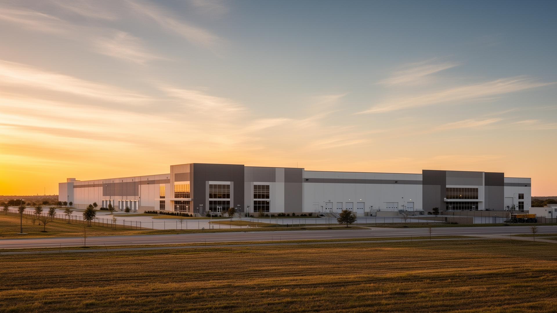 Modern factory at dawn with expansive Texas sky